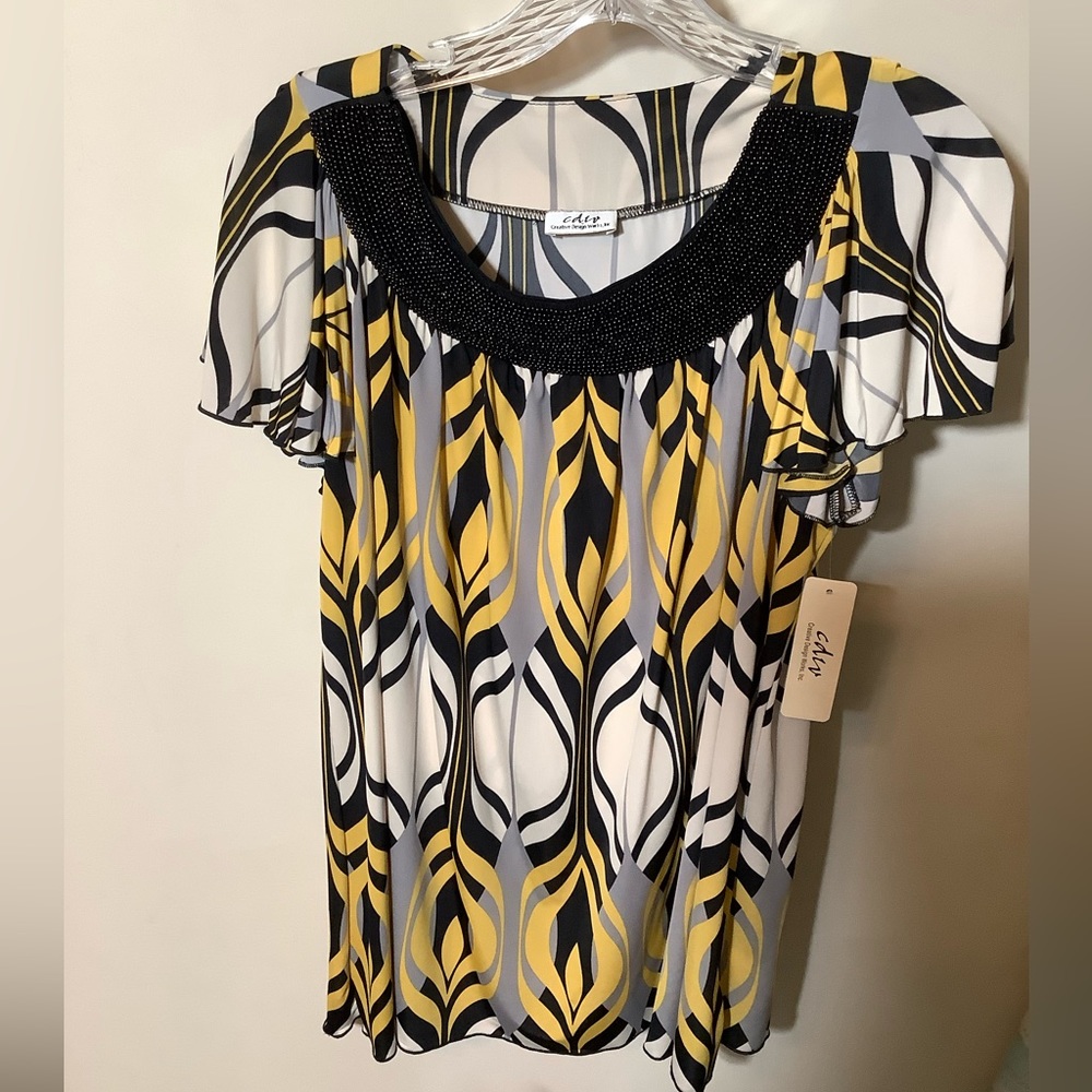 Top by few with great beading all around front of neck, great fan sleeves, Lg.